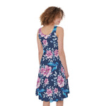 Pink Flowers And Hummingbird Print Women's Sleeveless Dress
