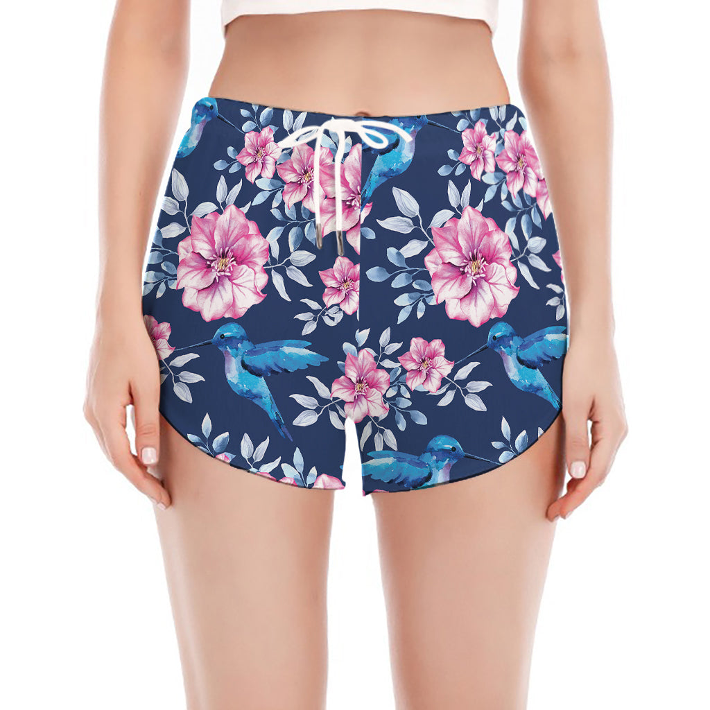 Pink Flowers And Hummingbird Print Women's Split Running Shorts