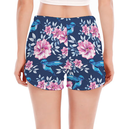Pink Flowers And Hummingbird Print Women's Split Running Shorts