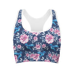 Pink Flowers And Hummingbird Print Women's Sports Bra