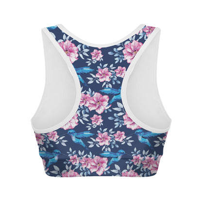 Pink Flowers And Hummingbird Print Women's Sports Bra