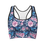 Pink Flowers And Hummingbird Print Women's Sports Bra