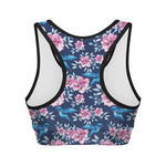 Pink Flowers And Hummingbird Print Women's Sports Bra