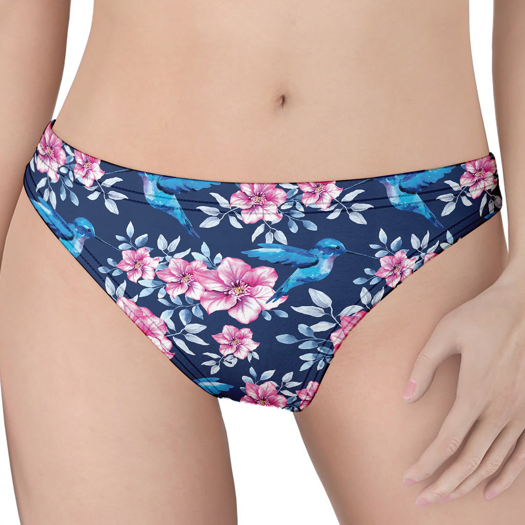 Pink Flowers And Hummingbird Print Women's Thong