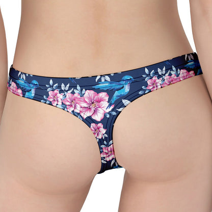 Pink Flowers And Hummingbird Print Women's Thong