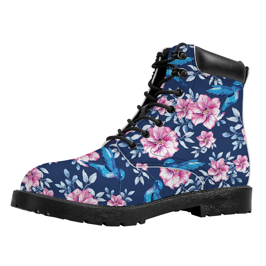 Pink Flowers And Hummingbird Print Work Boots