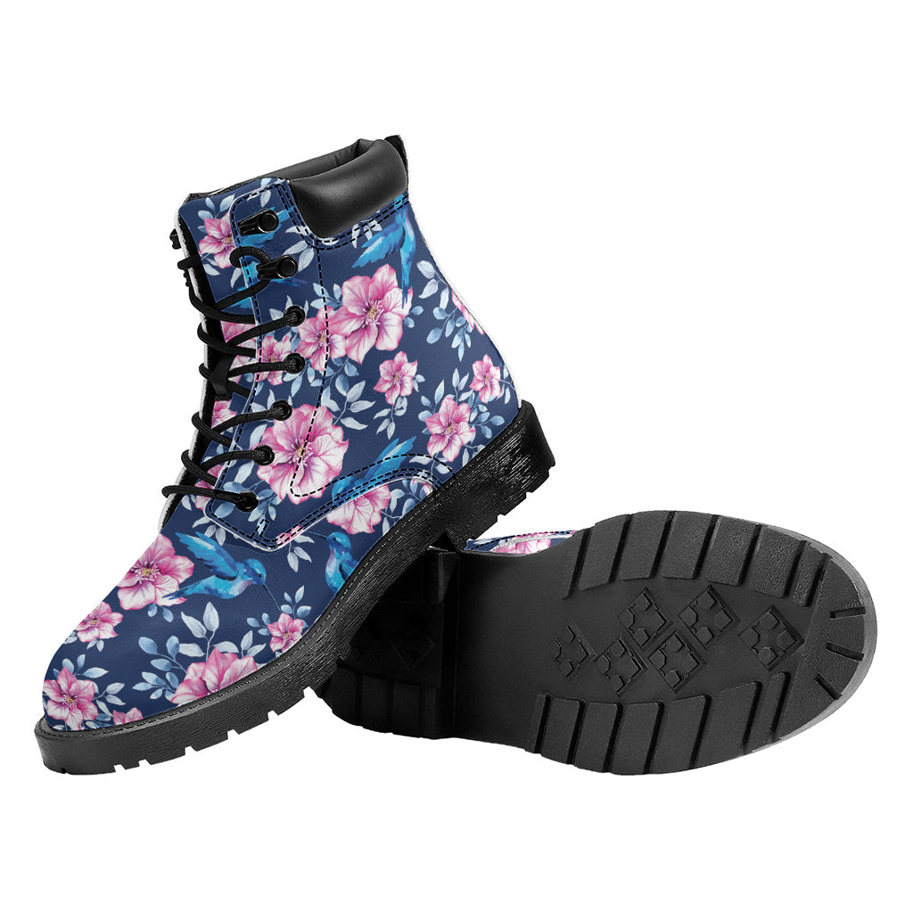 Pink Flowers And Hummingbird Print Work Boots