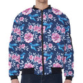 Pink Flowers And Hummingbird Print Zip Sleeve Bomber Jacket