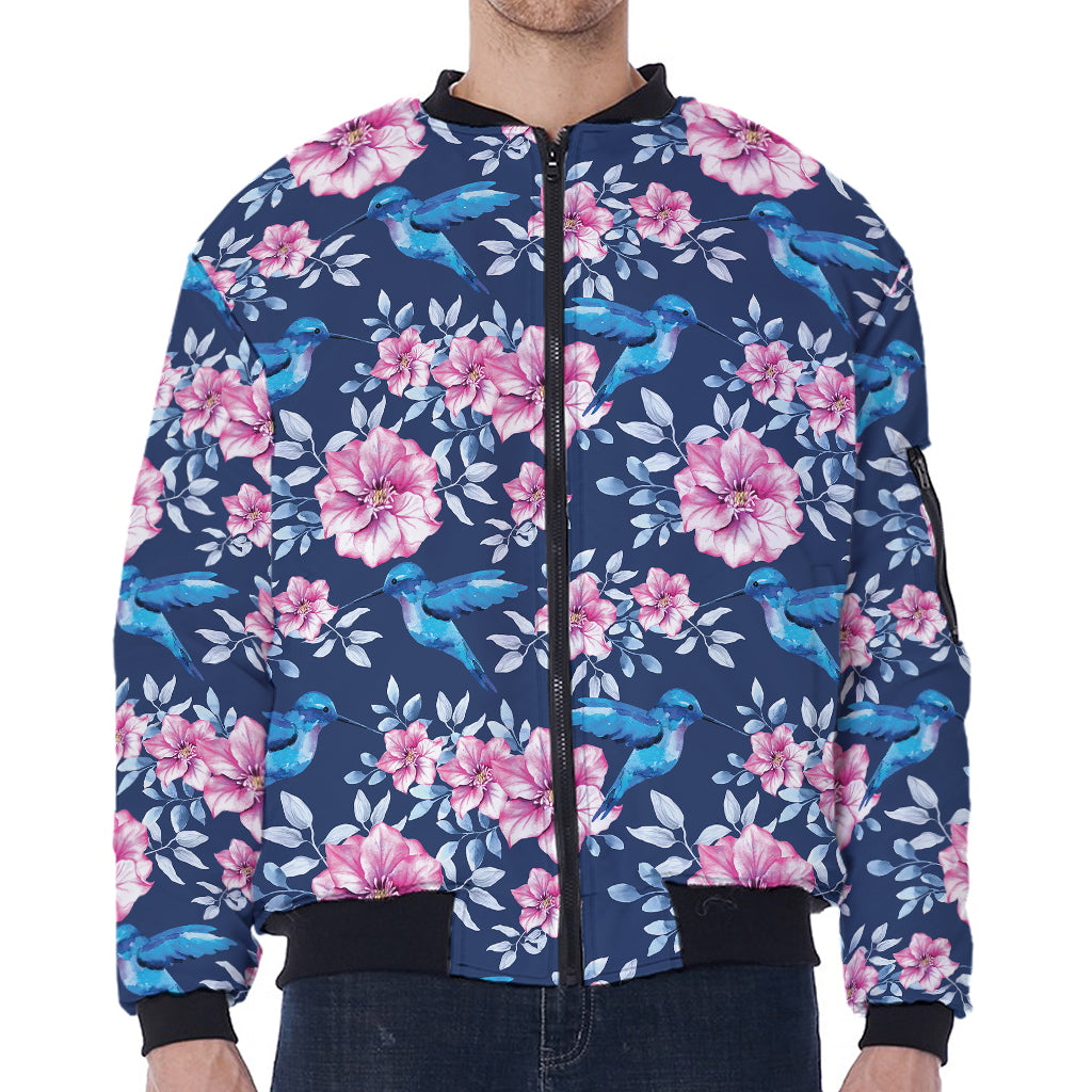Pink Flowers And Hummingbird Print Zip Sleeve Bomber Jacket