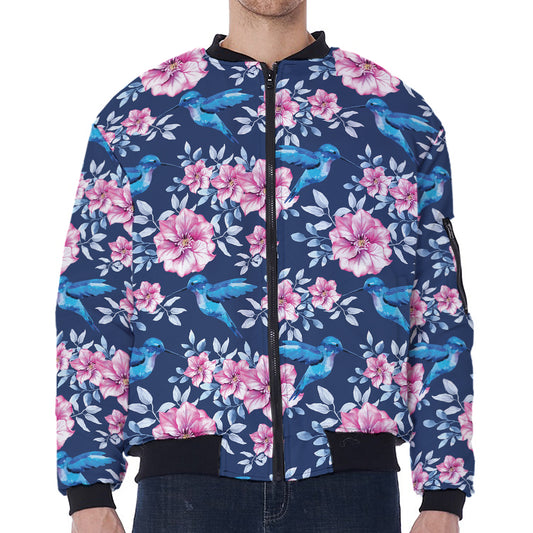 Pink Flowers And Hummingbird Print Zip Sleeve Bomber Jacket