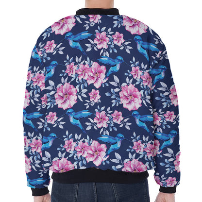 Pink Flowers And Hummingbird Print Zip Sleeve Bomber Jacket