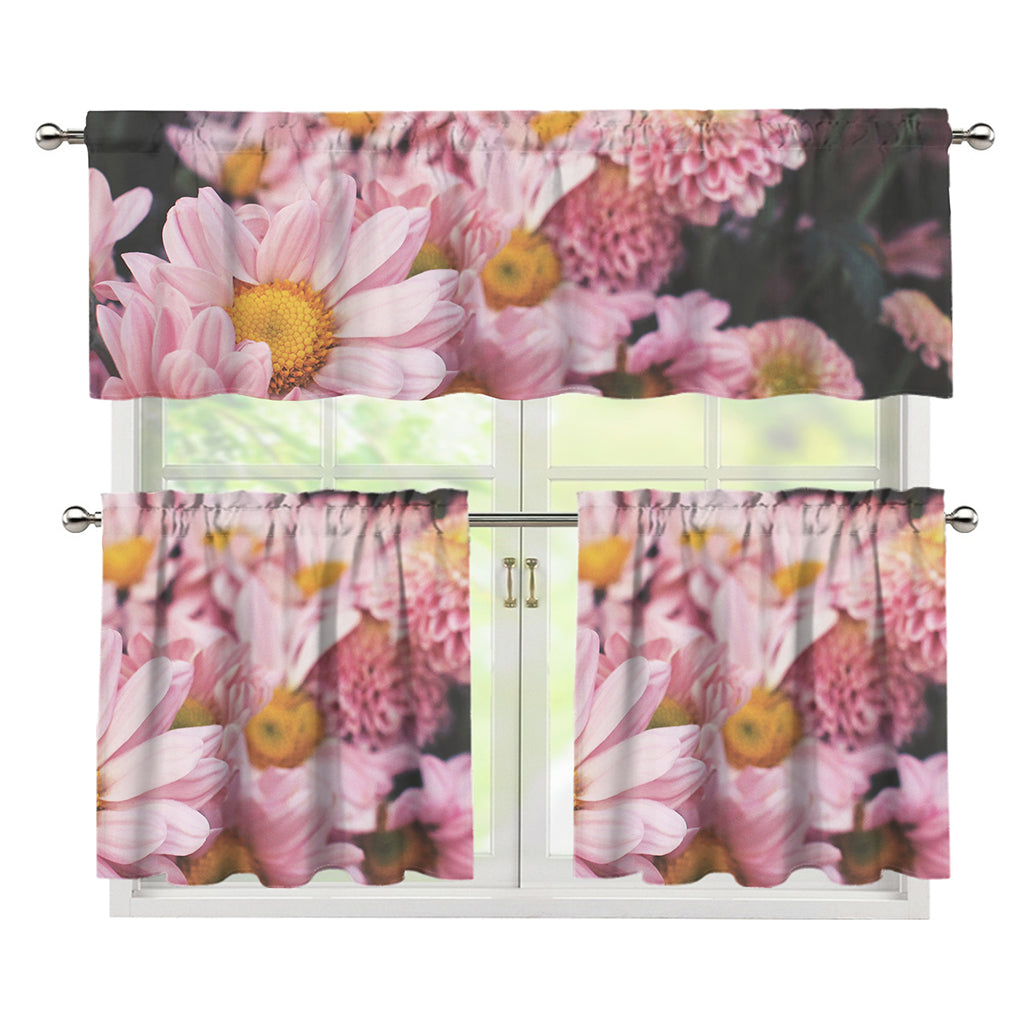 Pink Flowers Print 3 Piece Kitchen Curtains
