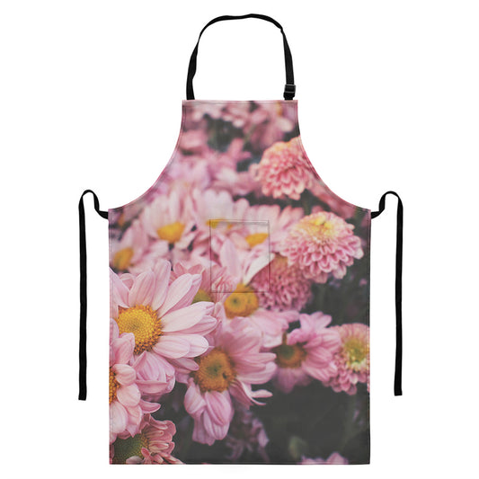 Pink Flowers Print Bib Apron With Pocket