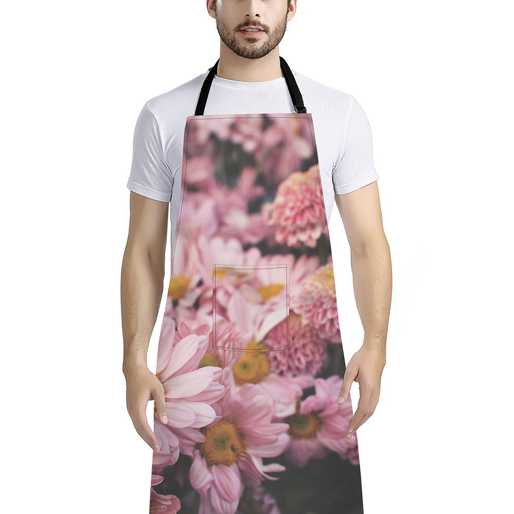 Pink Flowers Print Bib Apron With Pocket