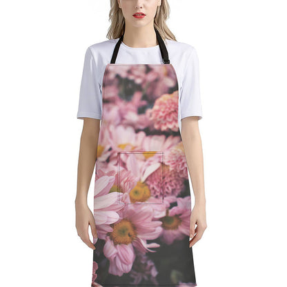 Pink Flowers Print Bib Apron With Pocket