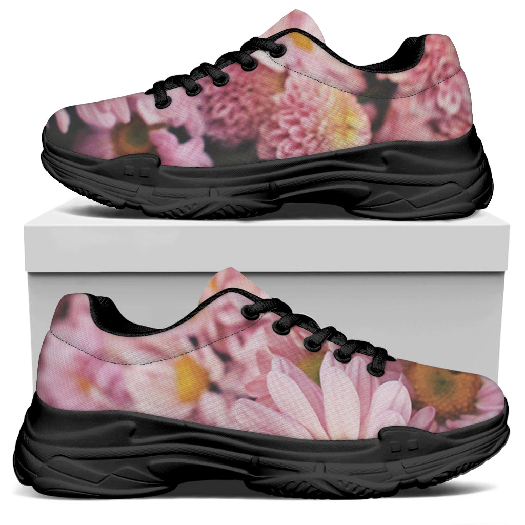 Pink Flowers Print Black Chunky Shoes