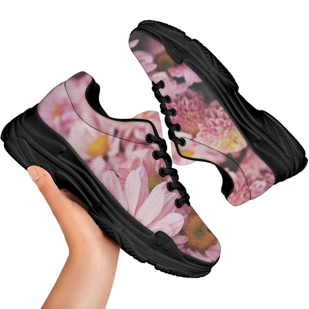 Pink Flowers Print Black Chunky Shoes
