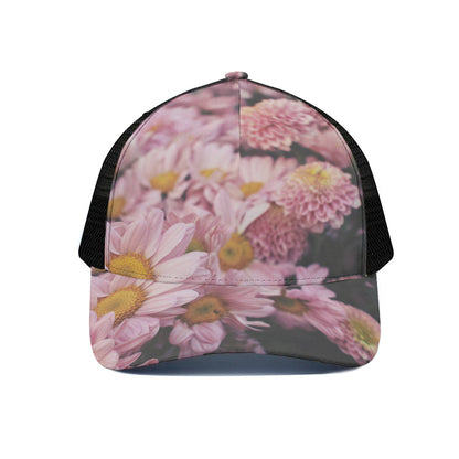 Pink Flowers Print Black Mesh Trucker Cap