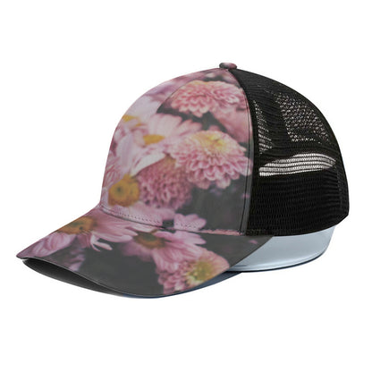 Pink Flowers Print Black Mesh Trucker Cap