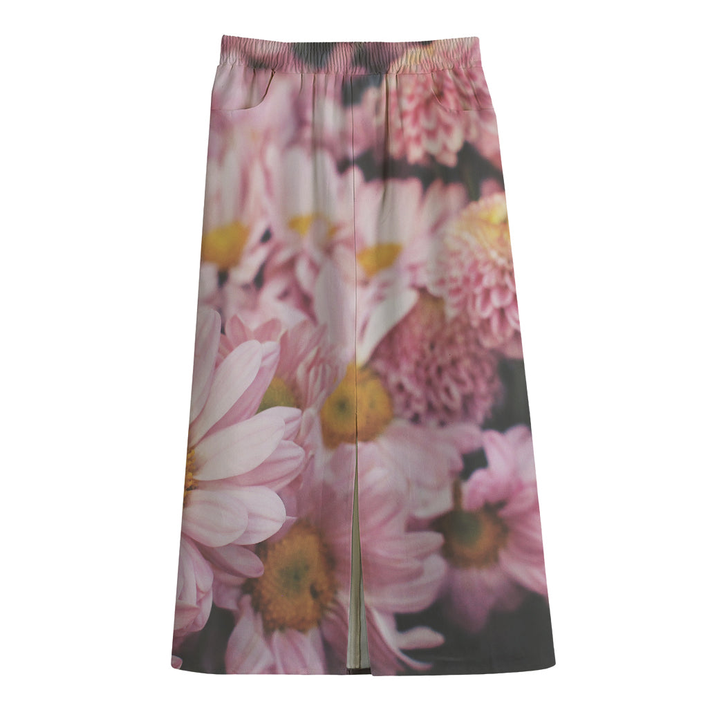 Pink Flowers Print Cotton Front Slit Maxi Skirt