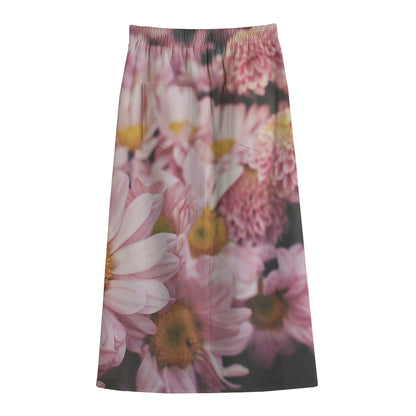 Pink Flowers Print Cotton Front Slit Maxi Skirt