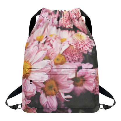 Pink Flowers Print Drawstring Backpack