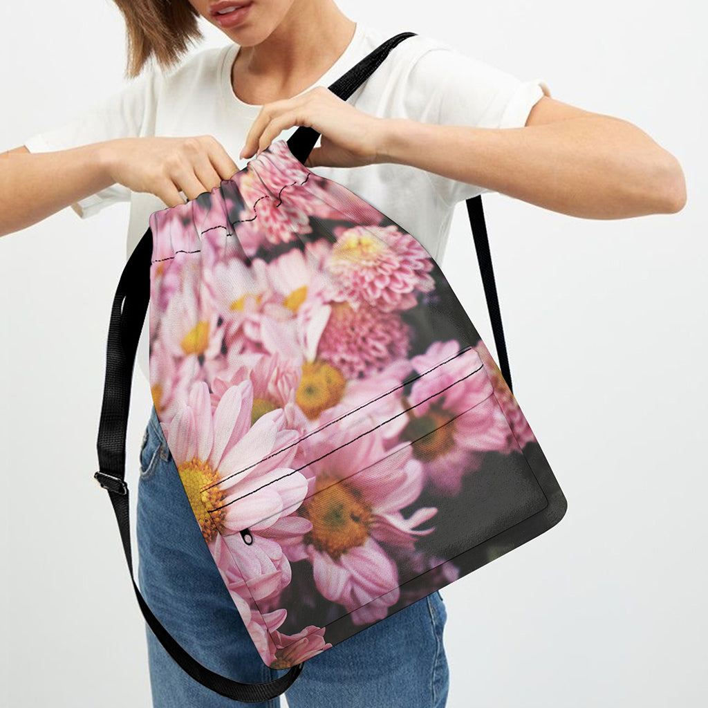 Pink Flowers Print Drawstring Backpack