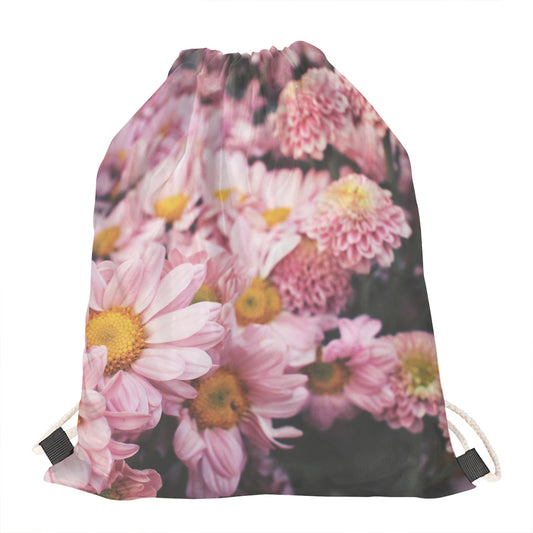 Pink Flowers Print Drawstring Bag