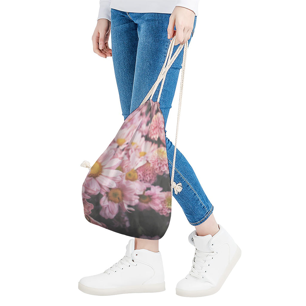 Pink Flowers Print Drawstring Bag