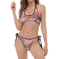 Pink Flowers Print Halter Scoop Tie Side Bikini