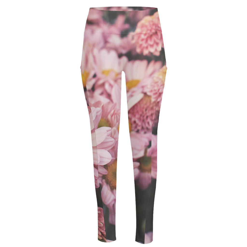 Pink Flowers Print High-Waisted Pocket Leggings
