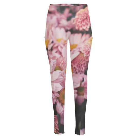 Pink Flowers Print High-Waisted Pocket Leggings