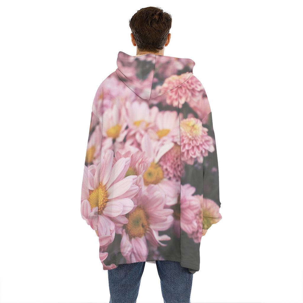Pink Flowers Print Hoodie Blanket