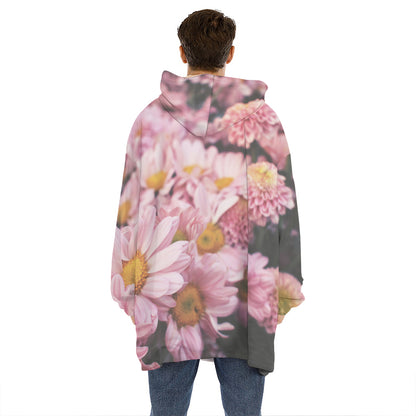 Pink Flowers Print Hoodie Blanket