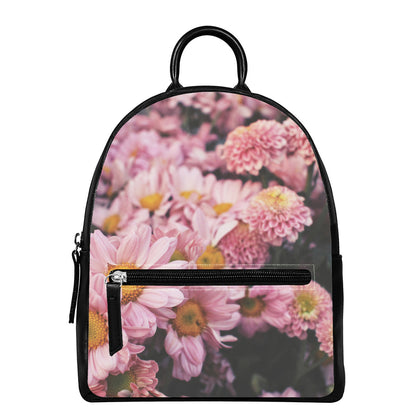 Pink Flowers Print Leather Backpack