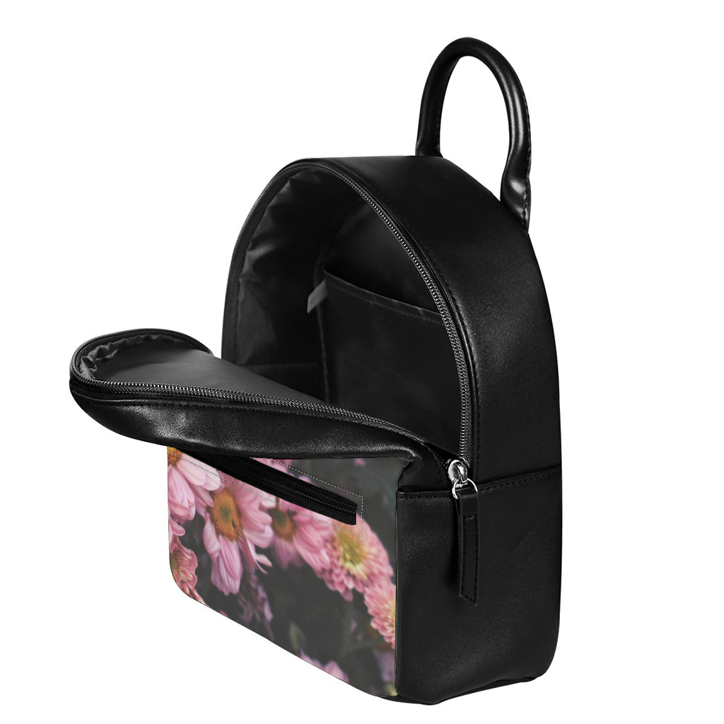 Pink Flowers Print Leather Backpack