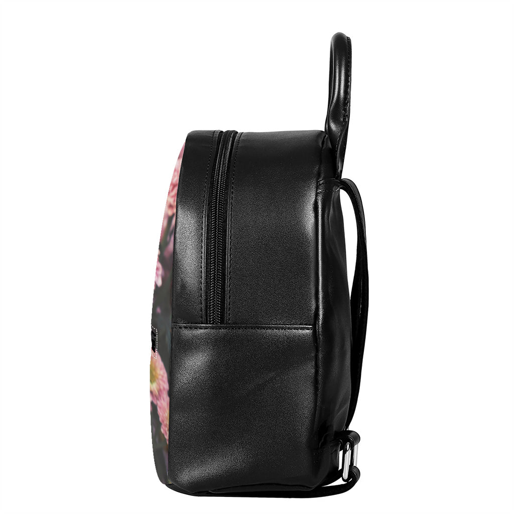 Pink Flowers Print Leather Backpack