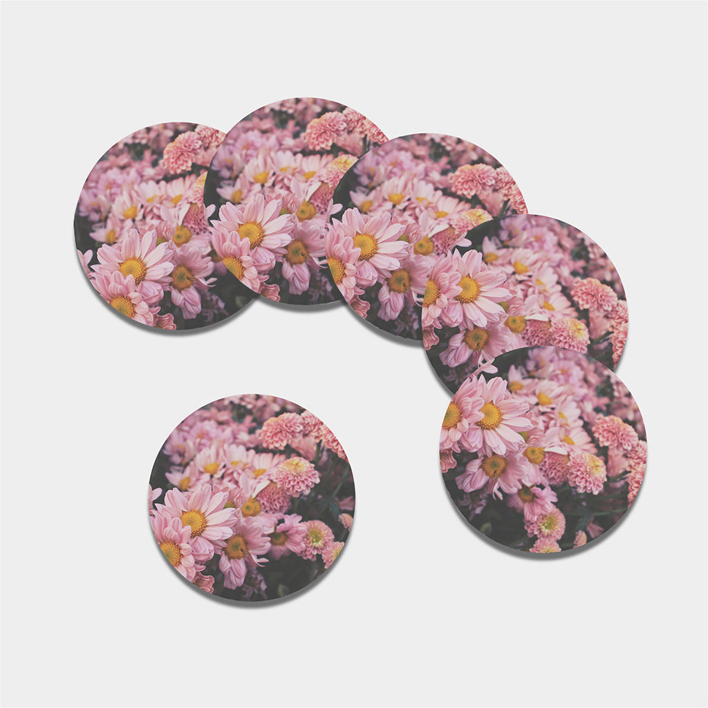 Pink Flowers Print Leather Coaster Set