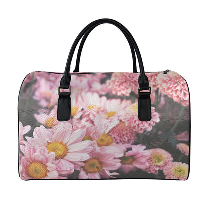 Pink Flowers Print Leather Duffle Bag