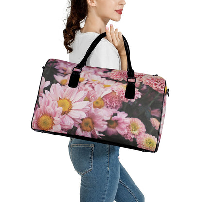 Pink Flowers Print Leather Duffle Bag