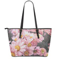 Pink Flowers Print Leather Tote Bag With Zipper