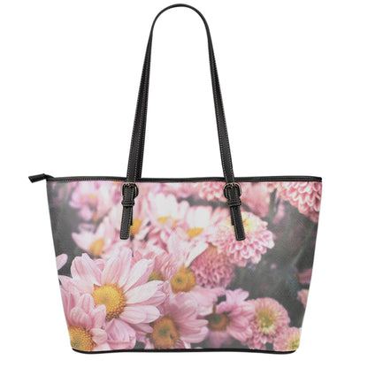 Pink Flowers Print Leather Tote Bag