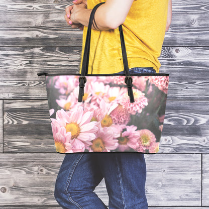 Pink Flowers Print Leather Tote Bag