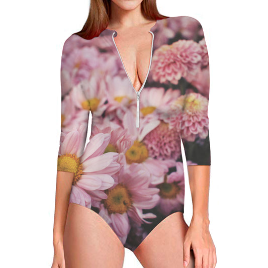 Pink Flowers Print Long Sleeve Swimsuit