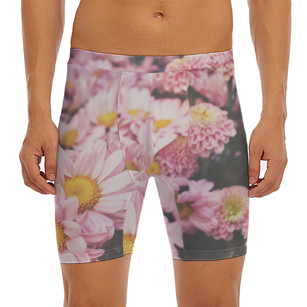Pink Flowers Print Men's Long Boxer Briefs