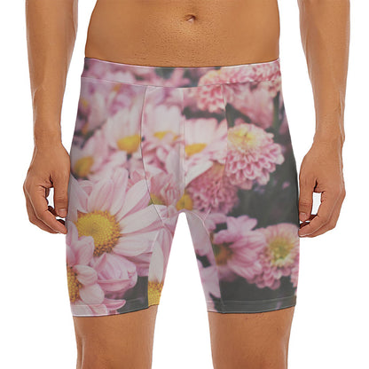 Pink Flowers Print Men's Long Boxer Briefs