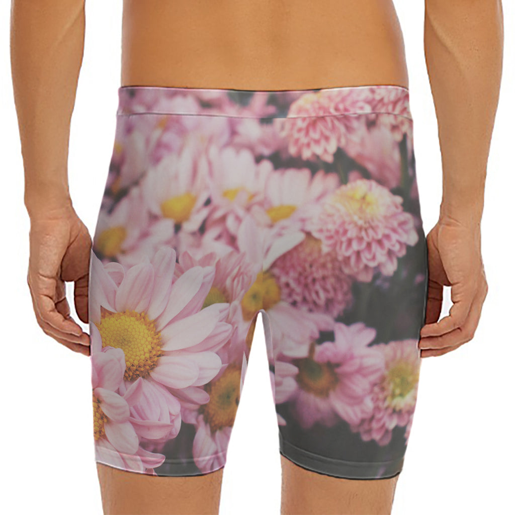 Pink Flowers Print Men's Long Boxer Briefs
