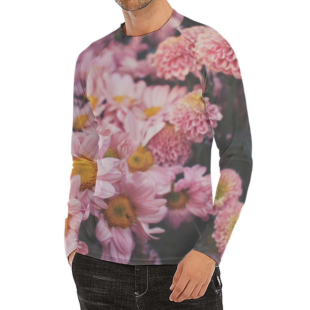 Pink Flowers Print Men's Long Sleeve Rash Guard