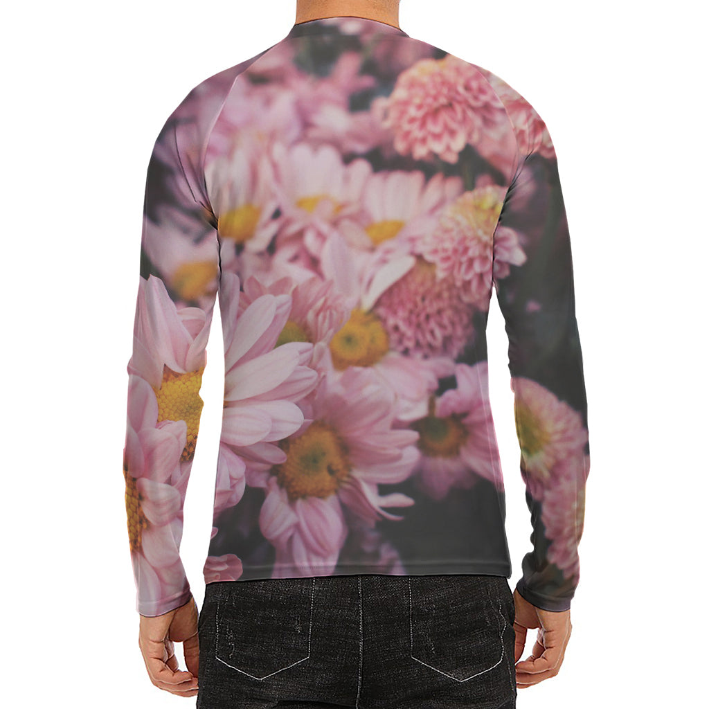 Pink Flowers Print Men's Long Sleeve Rash Guard