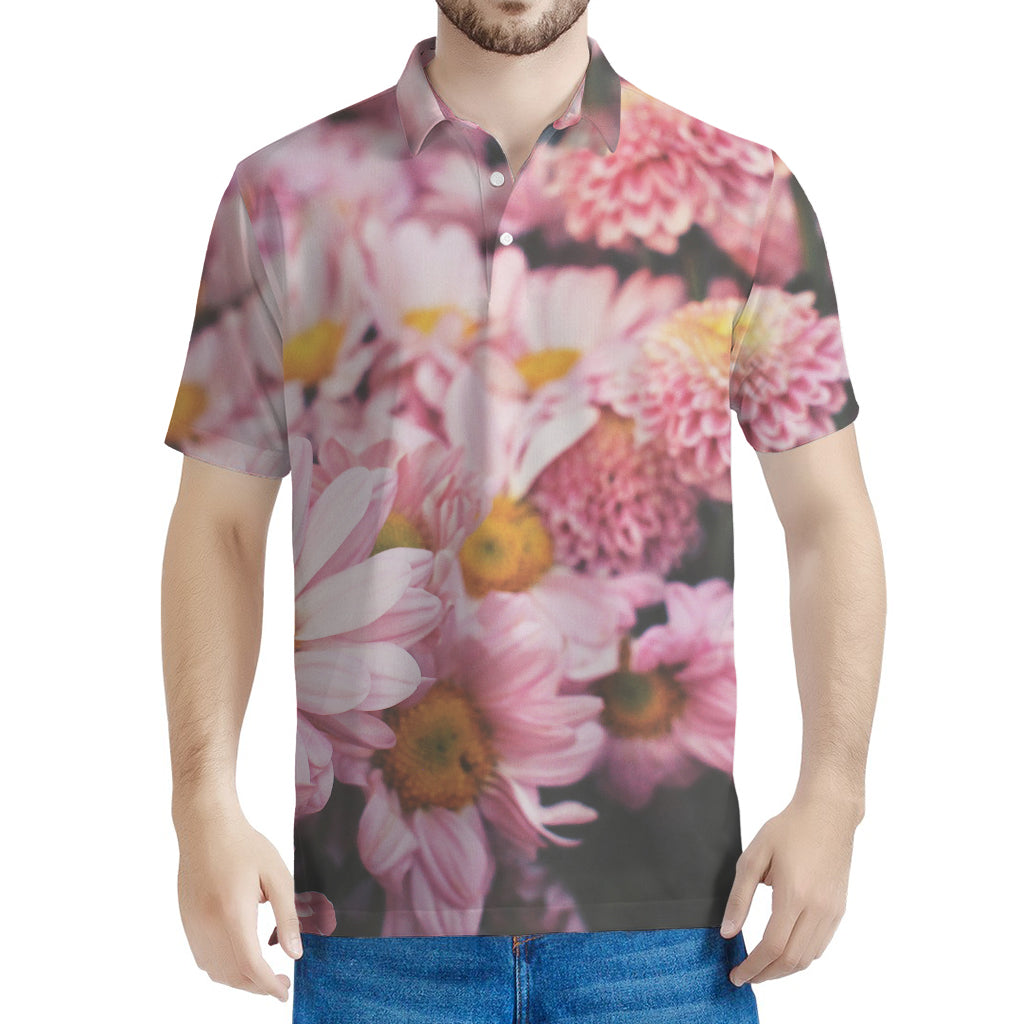 Pink Flowers Print Men's Polo Shirt